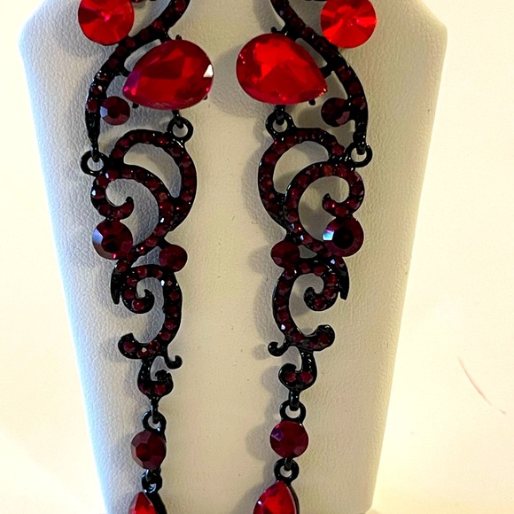 Red Rhinestone Earrings Diamond Crystal Long Dangle Drop Earrings - Picture 6 of 6